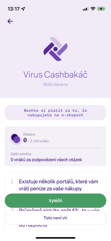 Upozornění na cashback v aplikaci Patron GO