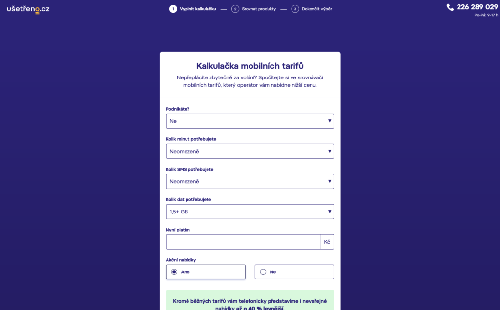 Kalkulačka mobilních tarifů na webu Ušetřeno.cz